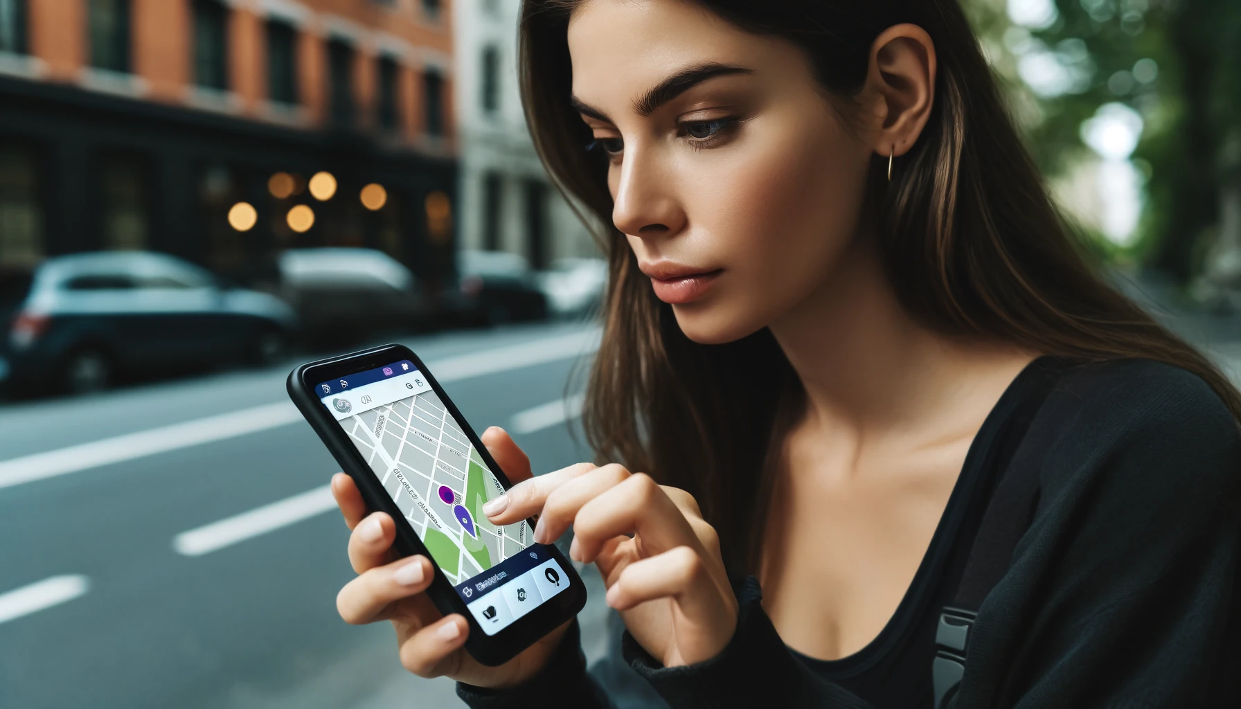 An attractive woman checking location information on a modern smartphone using online GPS tracking