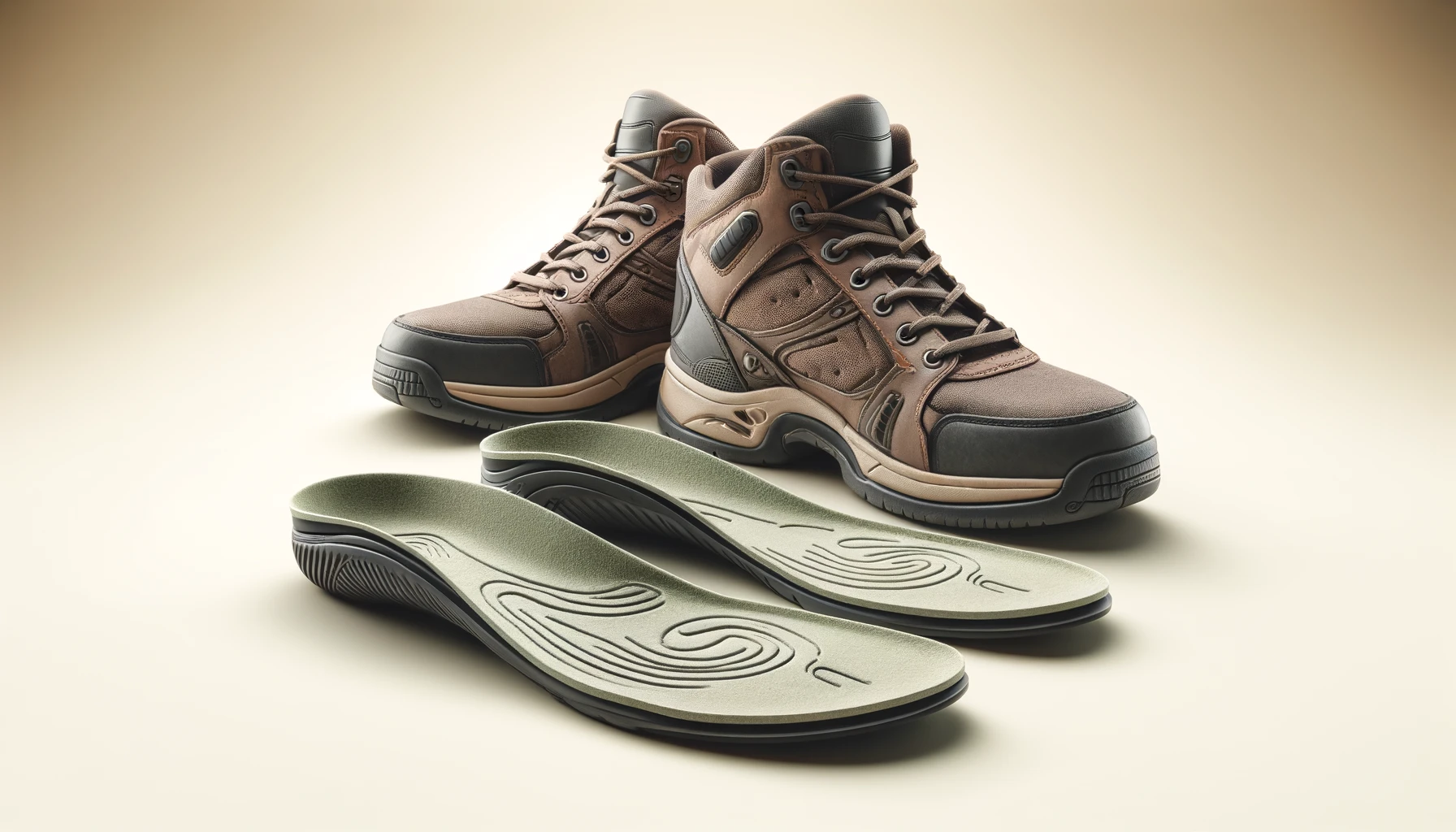 A pair of orthopedic shoes placed beside orthopedic insoles, showcasing the intricate design and support mechanisms of both