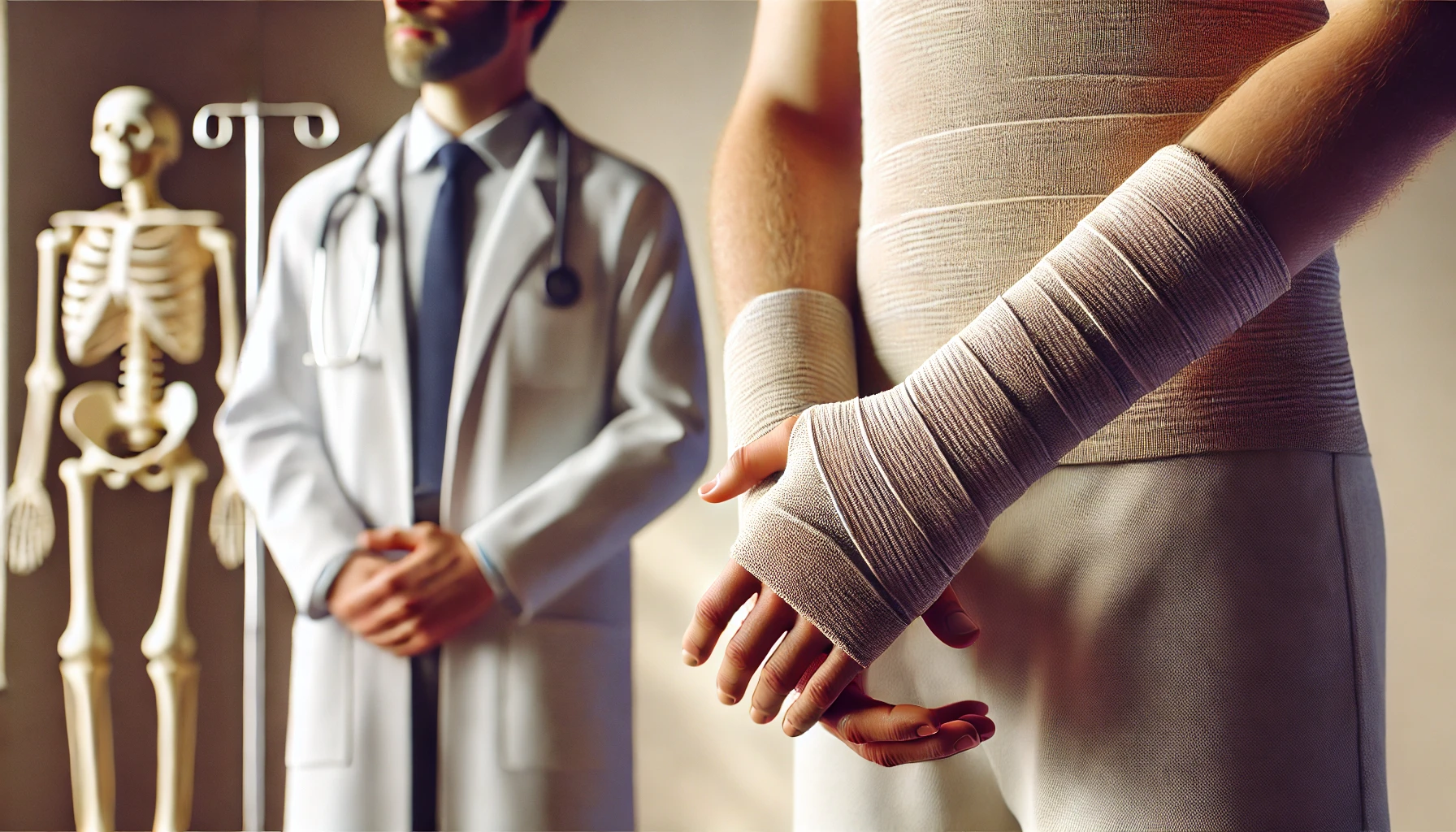 A person with an orthopedic bandage, with a doctor standing nearby, set in a softly lit, modern medical office.