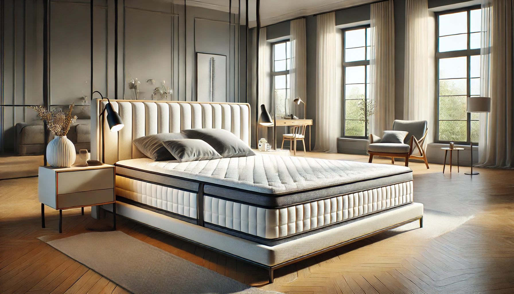 a luxurious bedroom featuring a neatly made orthopedic mattress on a sleek bed frame. 