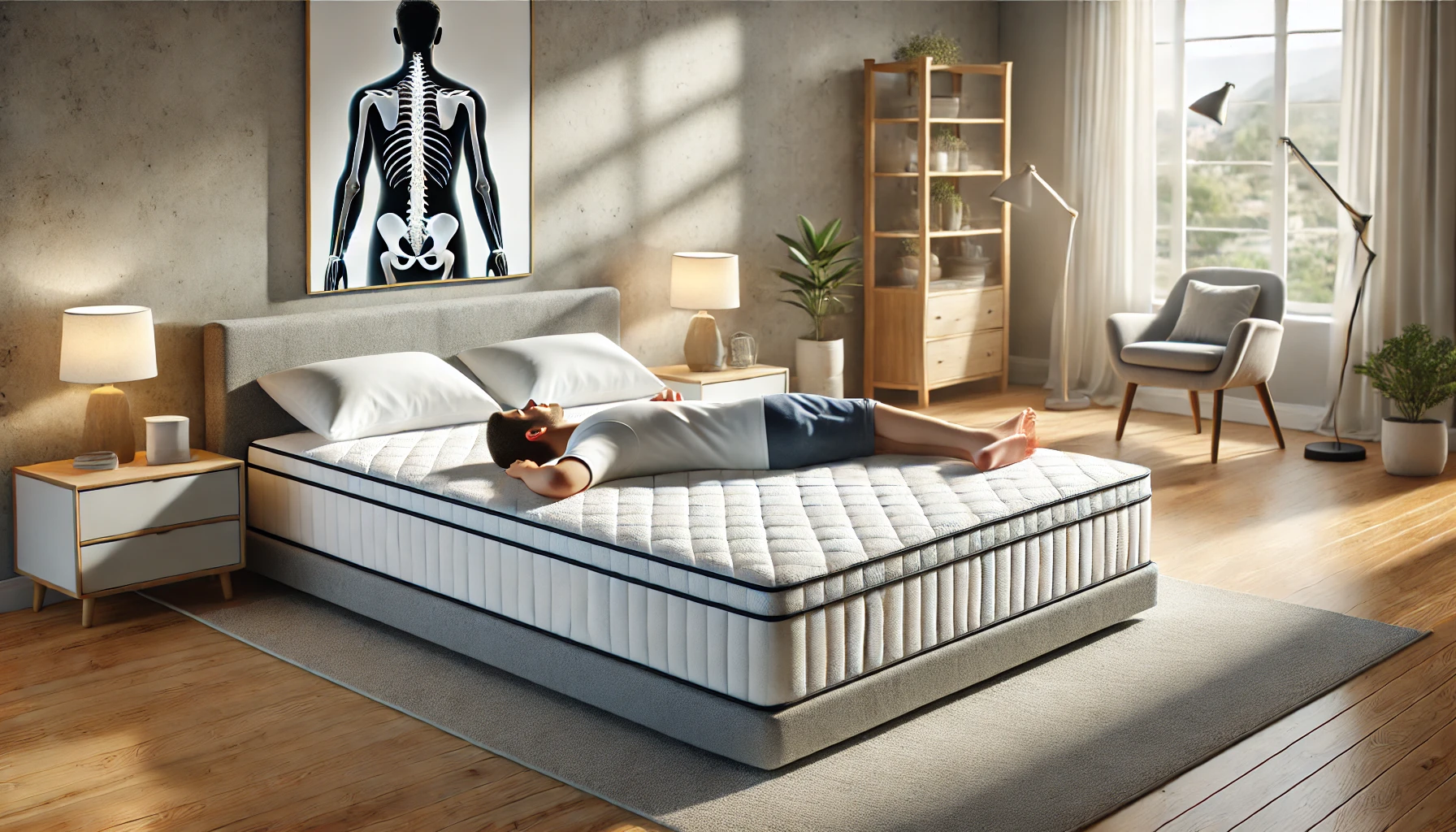a person testing an orthopedic mattress in a store or bedroom setting. 