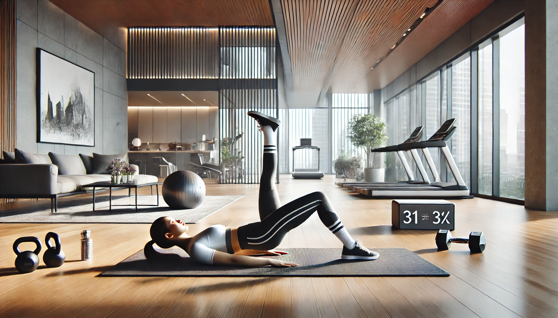 woman performing leg raises in a home gym. The woman is lying on her side on a yoga mat with her lower leg straight and her upper leg raised at a 90-degree angle.
