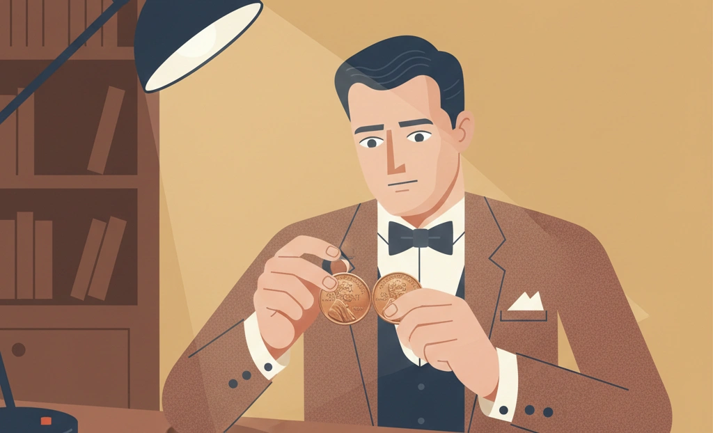 A coin collector at his desk, comparing several 1948 Wheat Penny no mint mark coins under a bright desk lamp